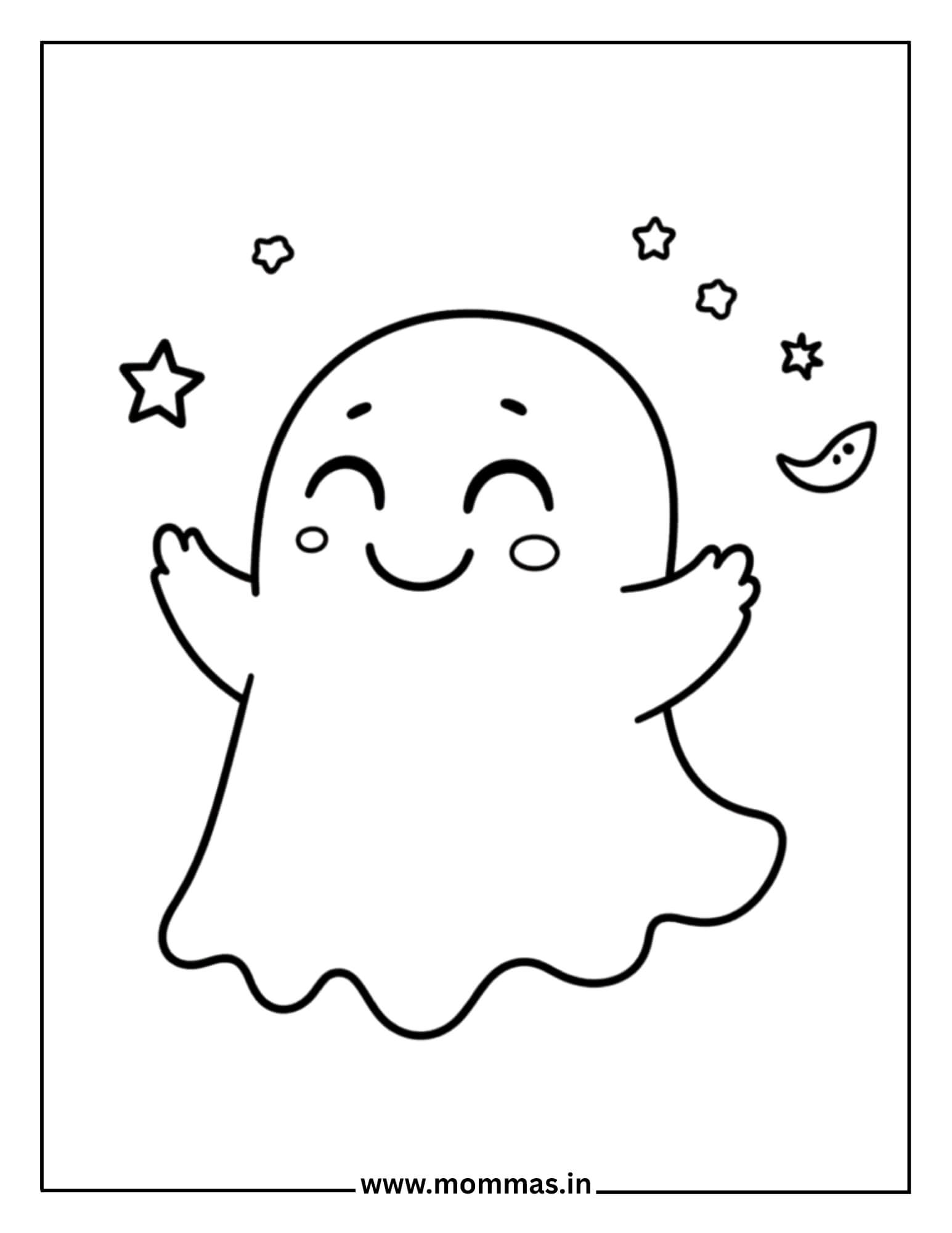 Cute Halloween coloring pages featuring friendly ghost with stars and crescent moon for gentle spooky nighttime fun