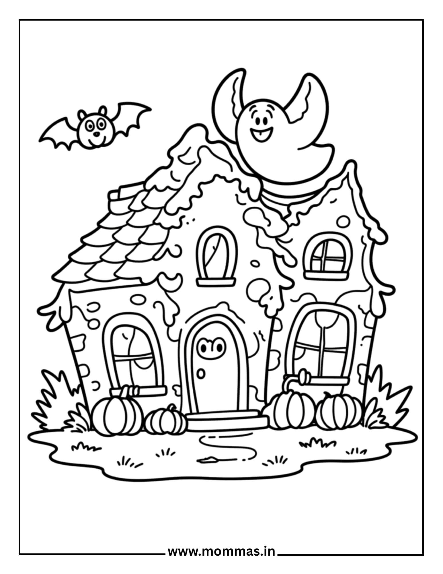Detailed Halloween coloring pages showing haunted house with friendly bat, ghost and pumpkins for spooky home themes