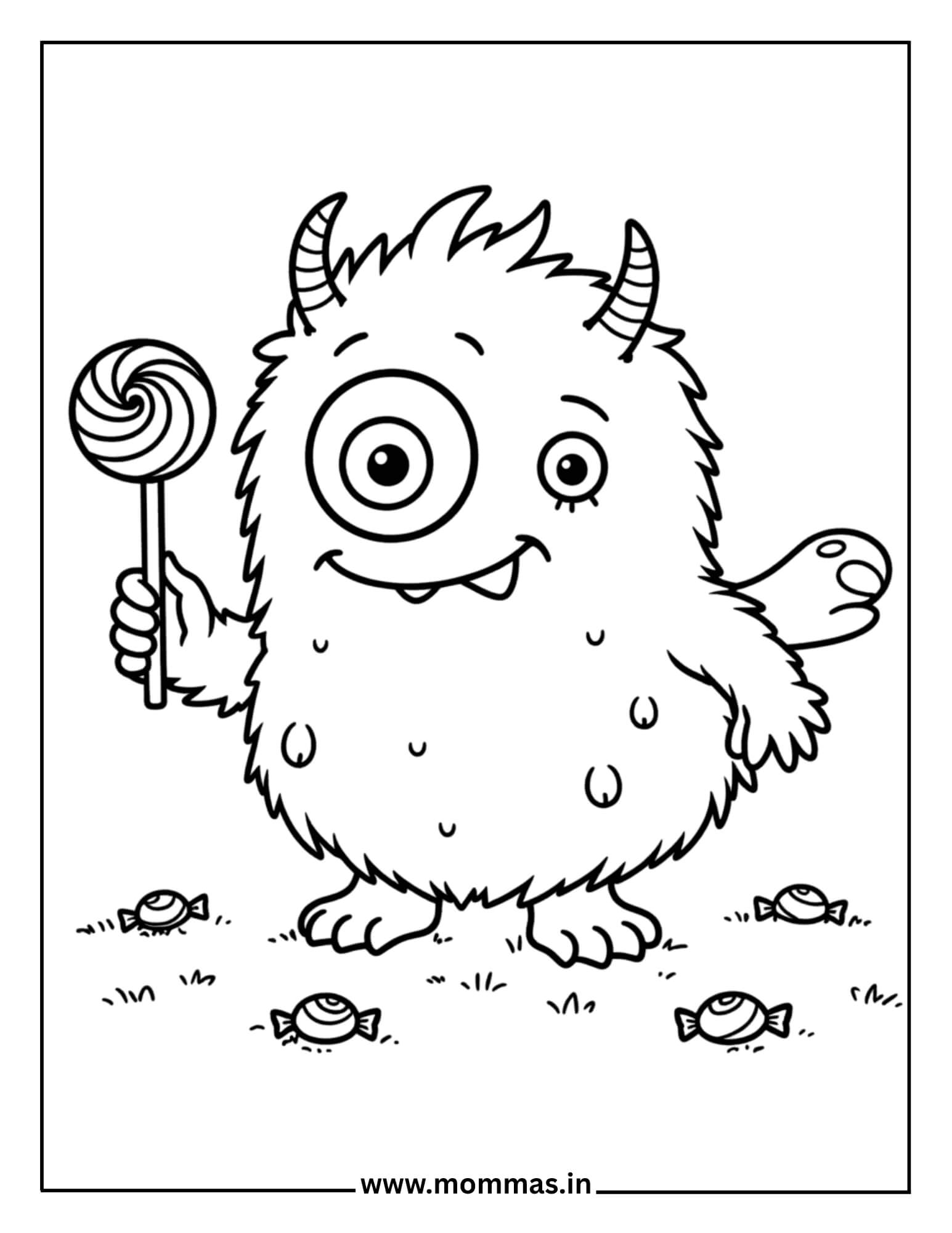 Adorable Halloween coloring pages showing furry monster with lollipop and candy treats for sweet Halloween fun