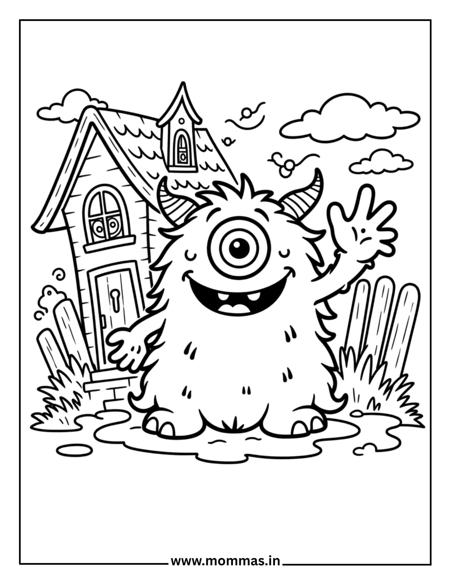 Printable Halloween coloring pages featuring friendly one-eyed monster waving by house with clouds for gentle spooky fun