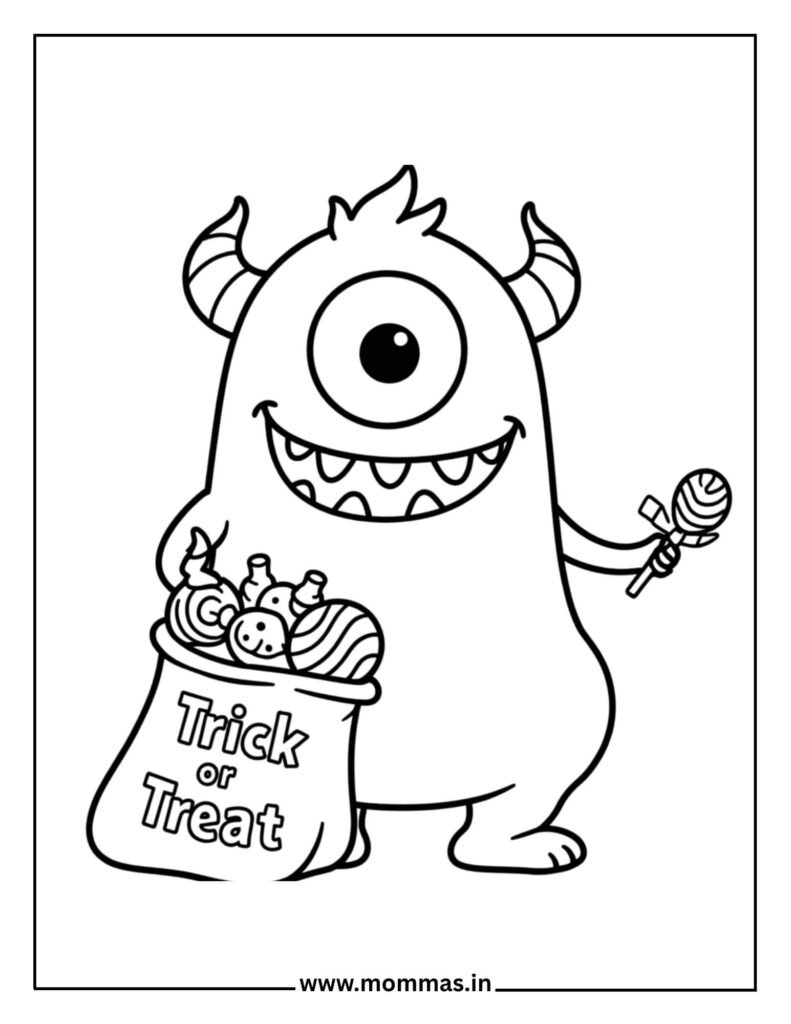 Adorable Halloween coloring pages showing cute monster with trick-or-treat bag and candy for Halloween fun