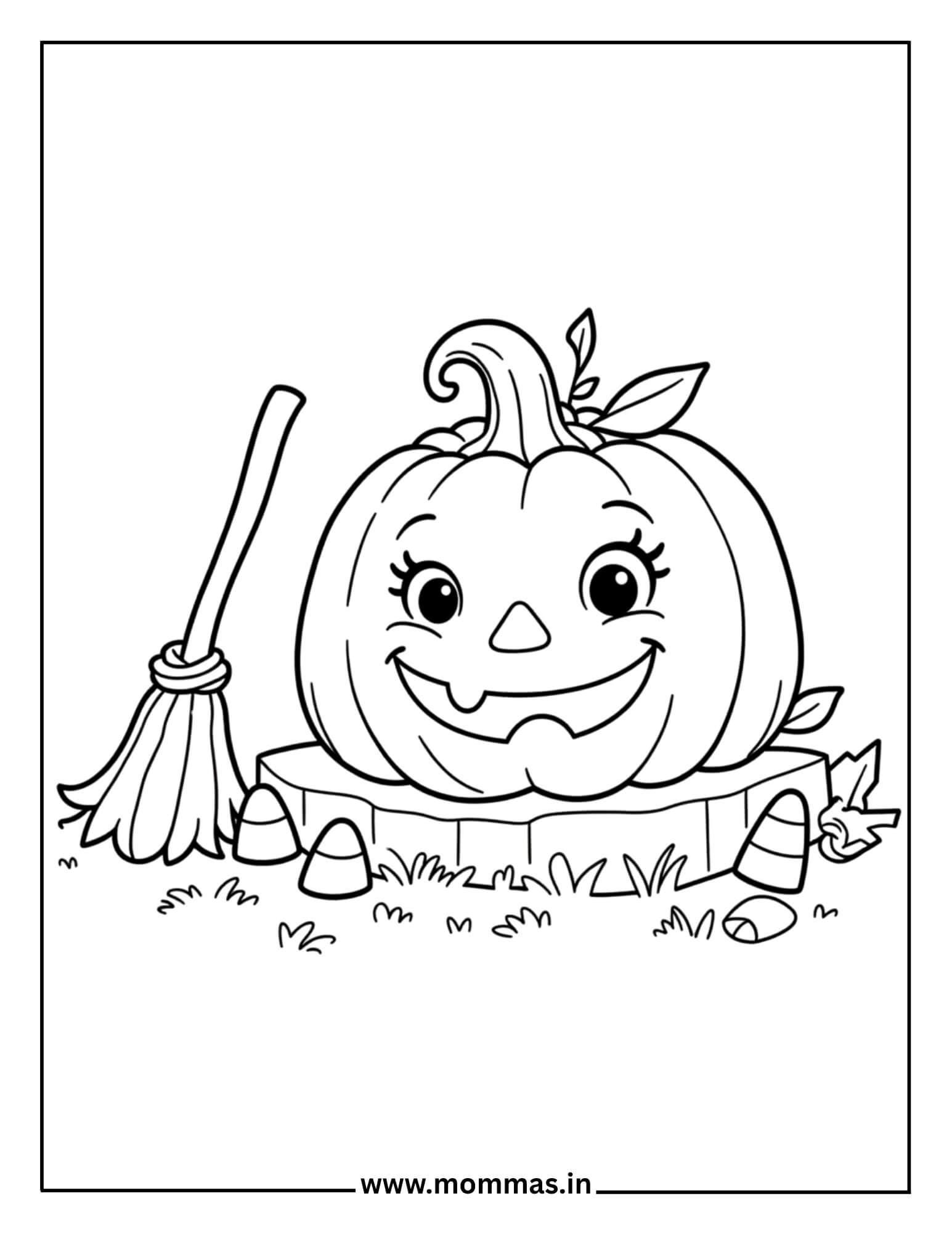 Printable Halloween coloring pages featuring friendly pumpkin with broom and candy corn for spooky holiday fun