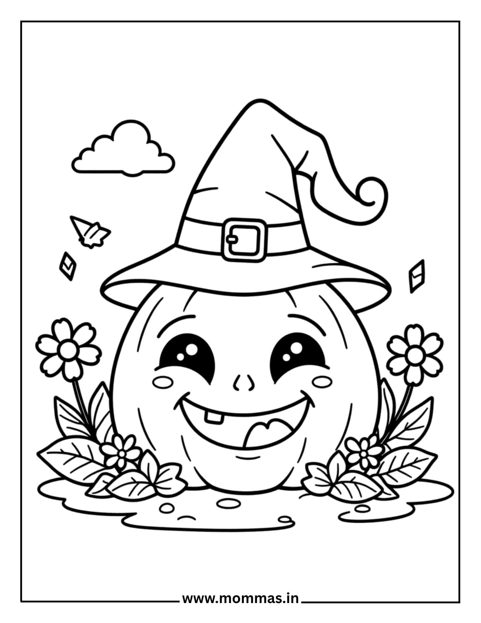 Printable Halloween coloring pages featuring cute pumpkin with witch hat and flowers for gentle spooky fun