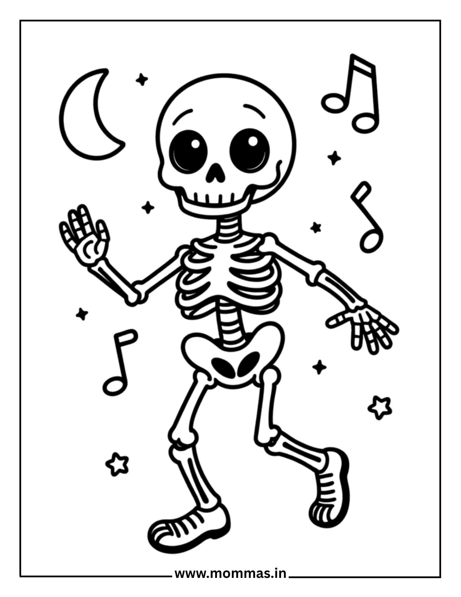 Fun Halloween coloring pages showing dancing skeleton with music notes, moon and stars for spooky celebration themes
