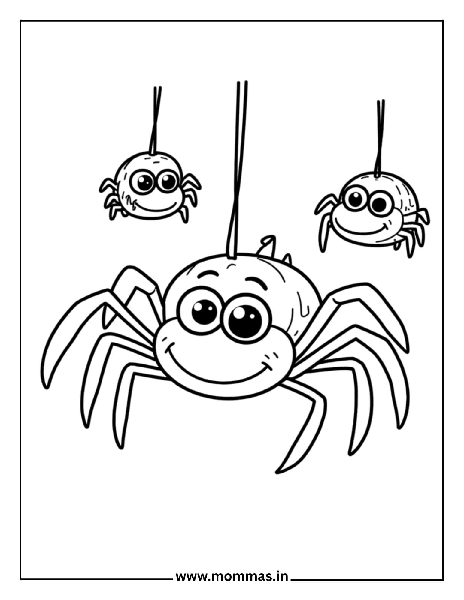Cute Halloween coloring pages featuring friendly spider family hanging from webs with smiles for gentle spooky fun
