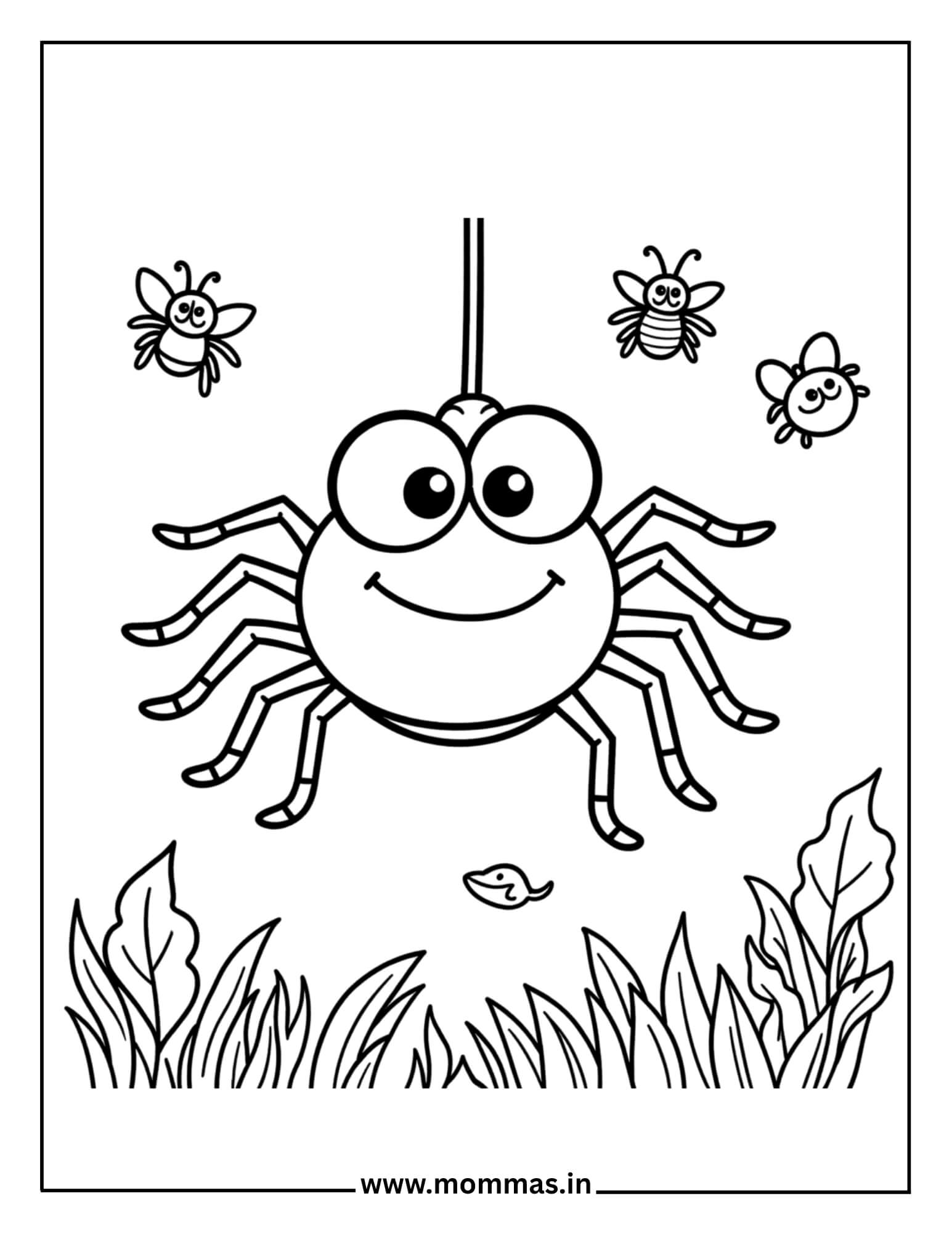 Cute Halloween coloring pages featuring friendly spider hanging with flying insects and grass for gentle nature themes