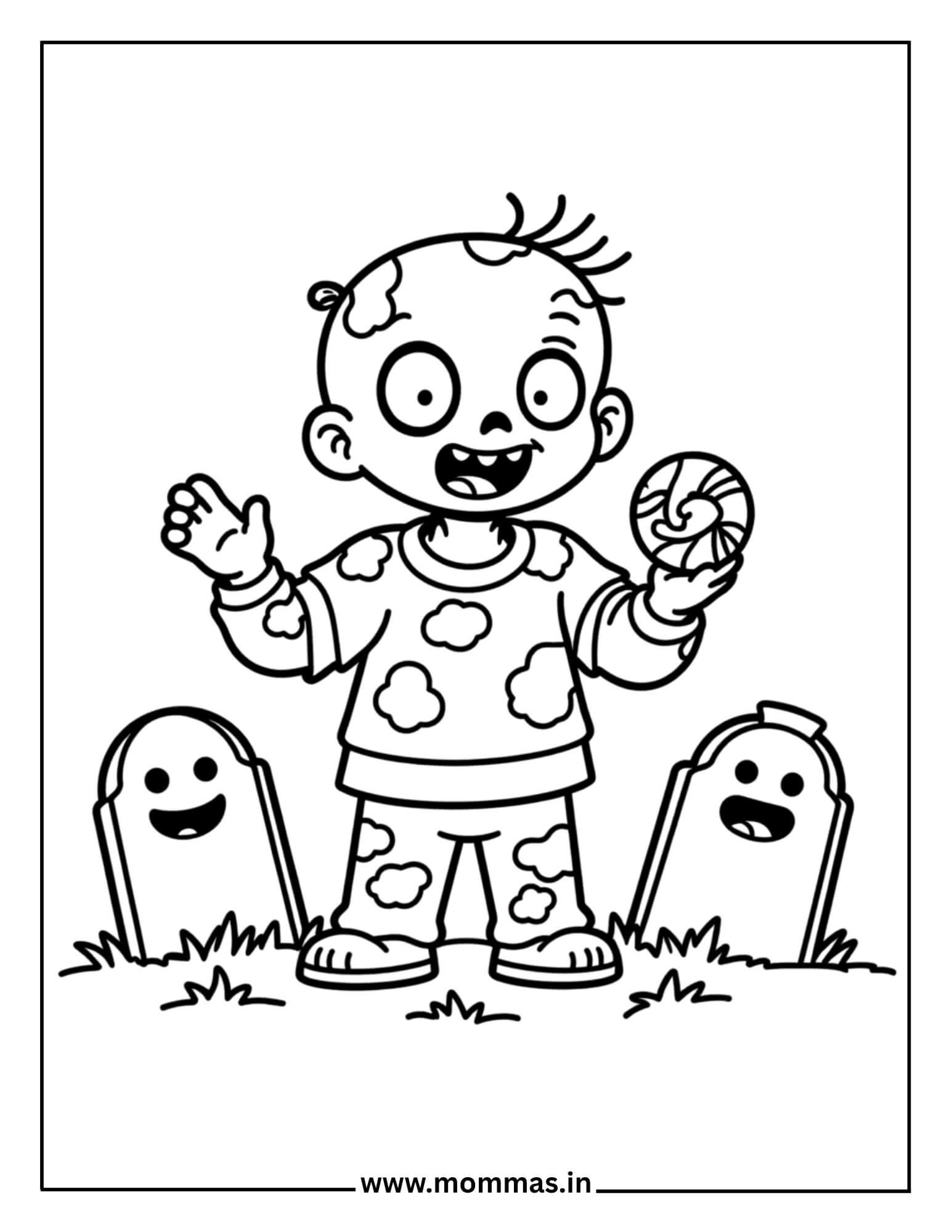 Printable Halloween coloring pages featuring zombie boy with lollipop, friendly ghosts and tombstones for spooky fun