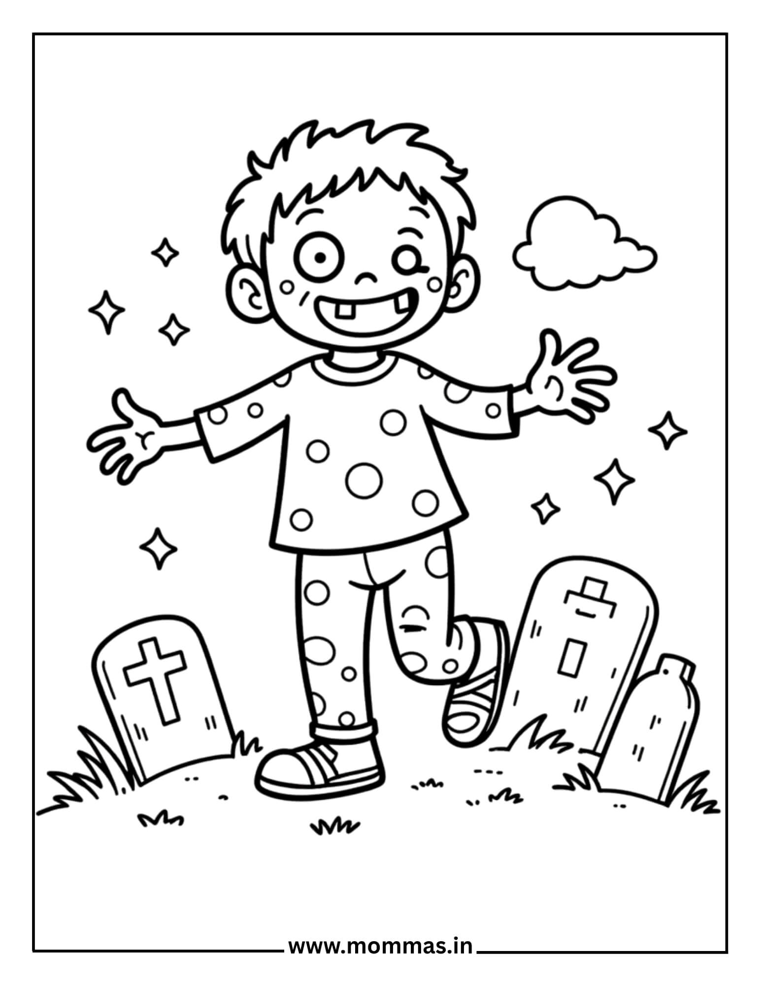 Fun Halloween coloring pages showing friendly zombie boy in graveyard with tombstones and stars for spooky adventure