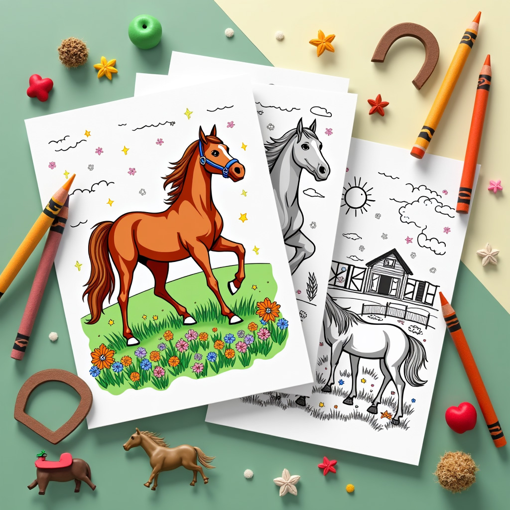 Horse coloring sheet with hidden anatomy puzzles in mane braid patterns