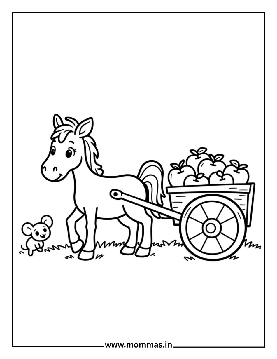 Working horse coloring pages featuring horse with apple cart and mouse friend for farm harvest themes