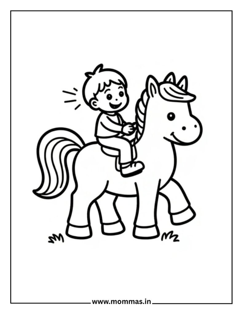 Fun horse coloring pages featuring happy child riding pony with flowing mane for riding adventure themes
