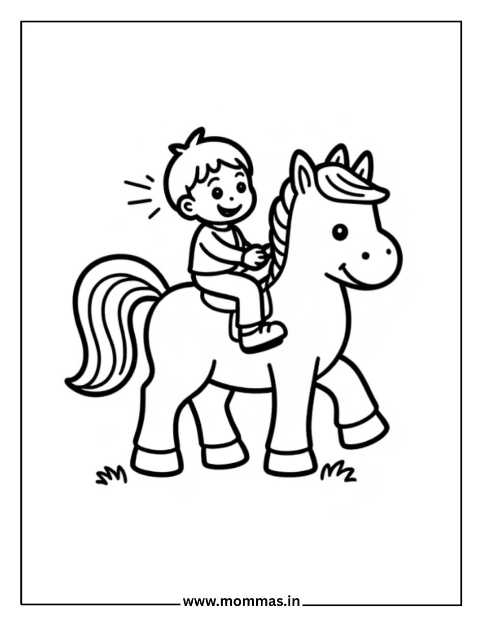 Fun horse coloring pages featuring happy child riding pony with flowing mane for riding adventure themes