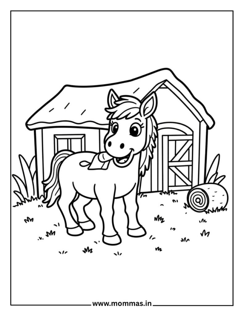 Printable horse coloring pages featuring farm pony with barn and hay bales for countryside farm themes