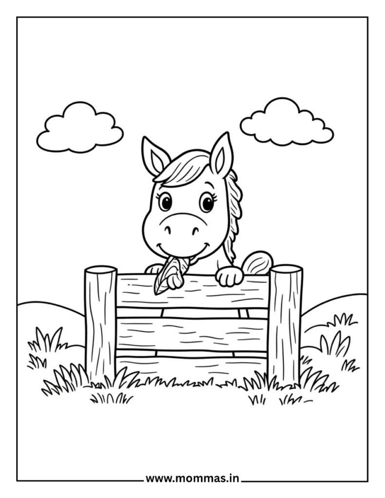 Printable horse coloring pages featuring friendly horse peeking over fence with clouds for pasture themes