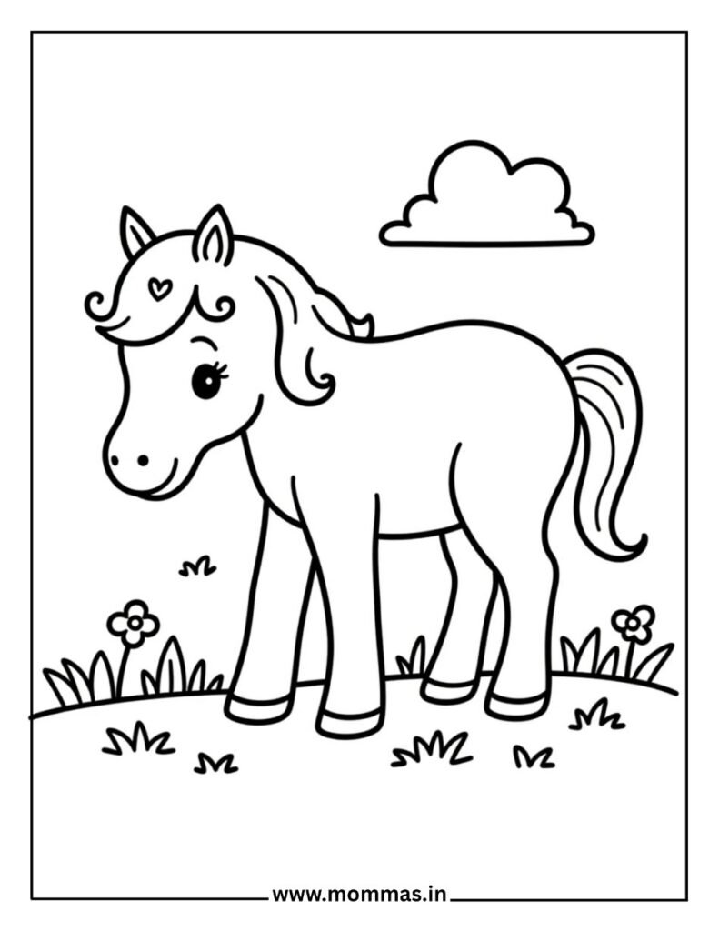 Beautiful horse coloring pages featuring pretty pony with curly mane in flower meadow for nature beauty themes