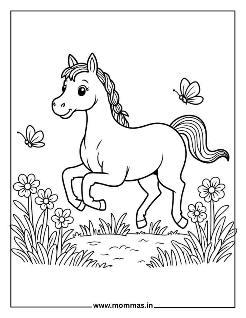 Dynamic horse coloring pages featuring galloping horse with butterflies and flowers for action movement themes