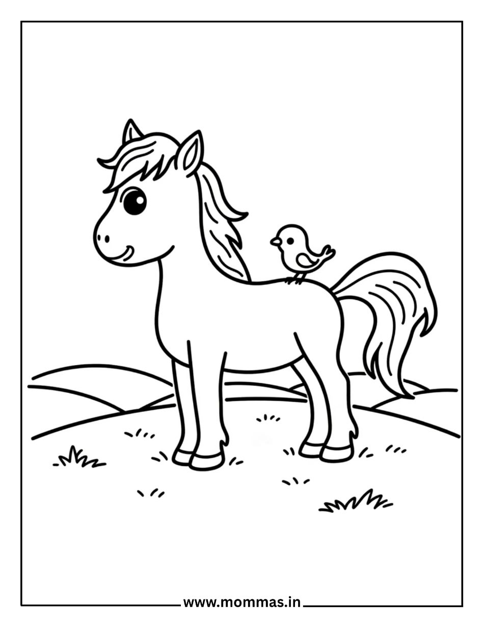 Peaceful horse coloring pages featuring horse with bird friend in rolling hills for nature friendship themes