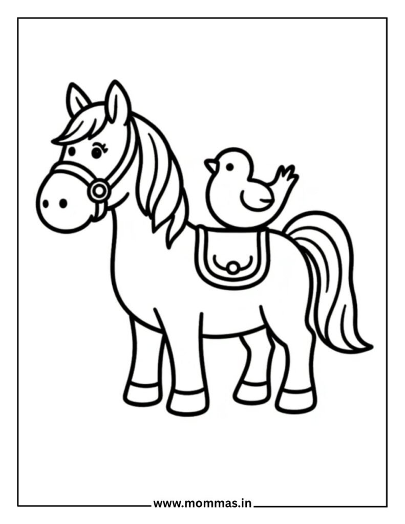 Gentle horse coloring pages featuring horse with halter and duck friend for animal friendship and care themes