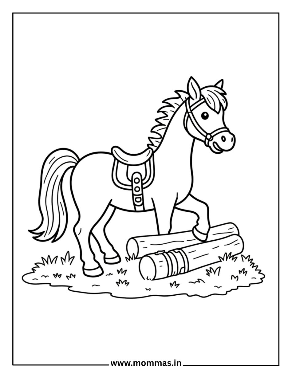 Dynamic horse coloring pages featuring saddled horse jumping log for equestrian sports and training themes