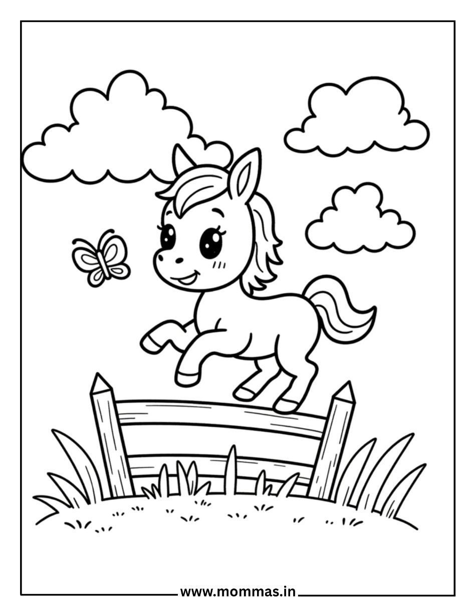 Dynamic horse coloring pages featuring unicorn jumping fence with clouds and butterfly for action adventure themes
