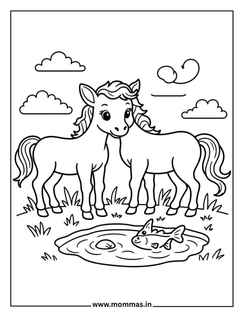 Beautiful horse coloring pages featuring two ponies by pond with fish and clouds for friendship nature themes