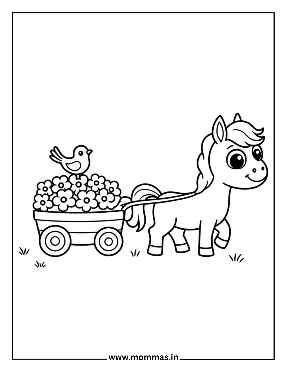 Printable horse coloring pages featuring cute pony with flower cart and bird friend for spring garden themes