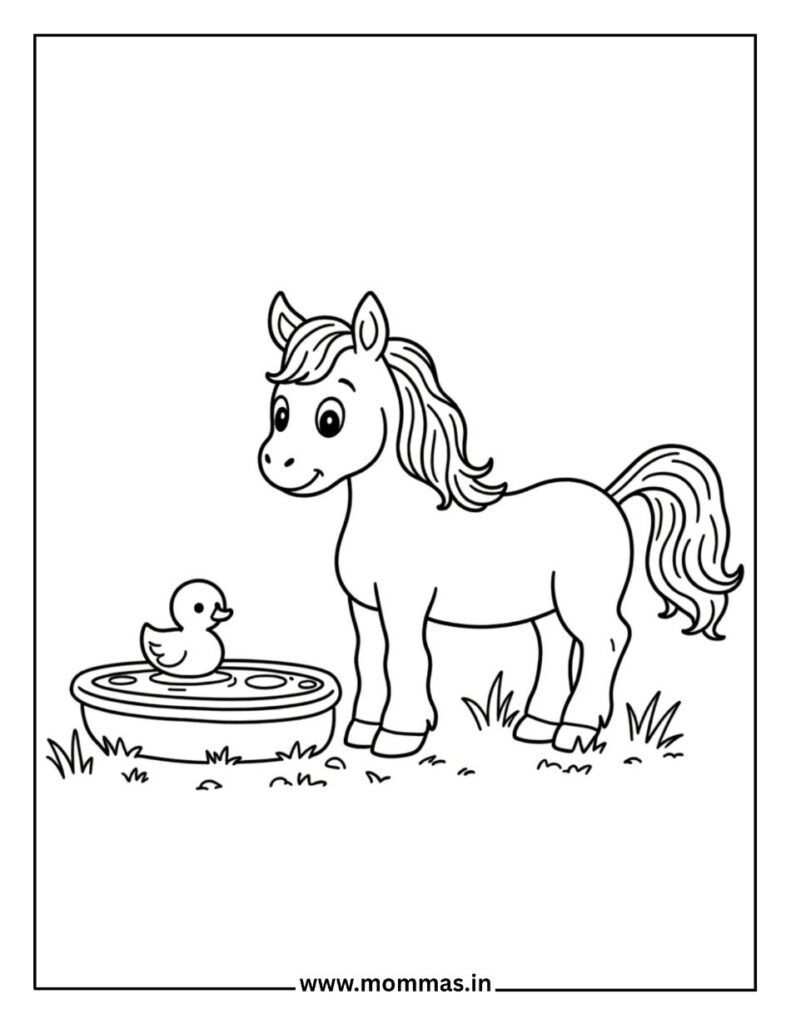 Peaceful horse coloring pages featuring pony with duck at water trough in grass for farm friendship themes