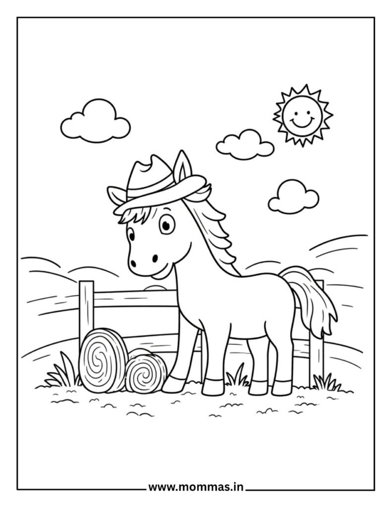 Western horse coloring pages featuring ranch horse with cowboy hat, hay bales and farm setting for cowboy themes