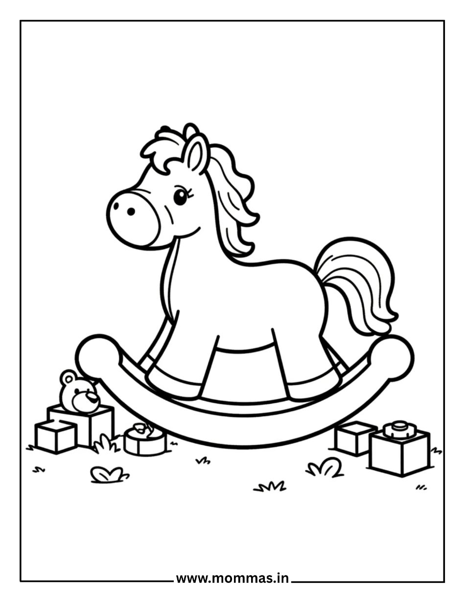 Nostalgic horse coloring pages featuring rocking horse toy with building blocks for childhood play themes