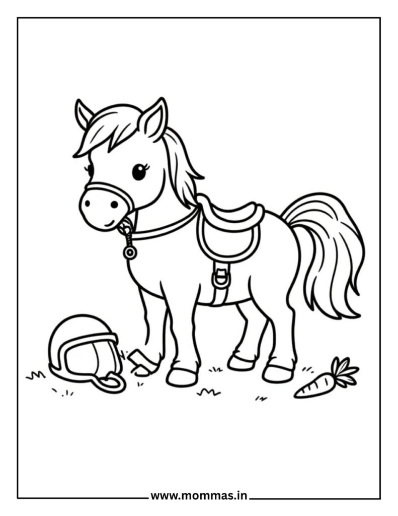 Educational horse coloring pages featuring saddled horse with helmet and carrot for riding equipment themes