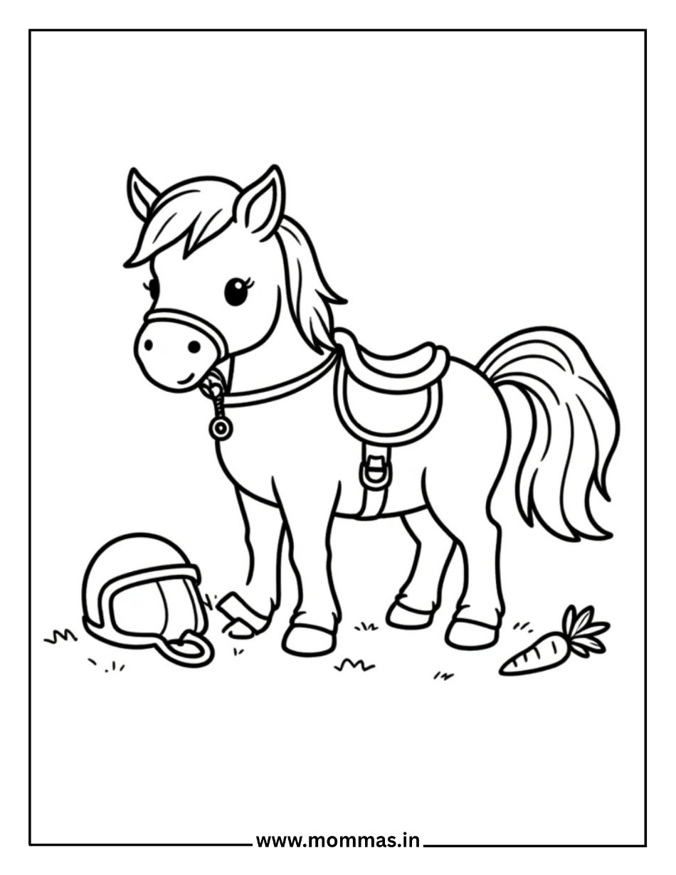Educational horse coloring pages featuring saddled horse with helmet and carrot for riding equipment themes