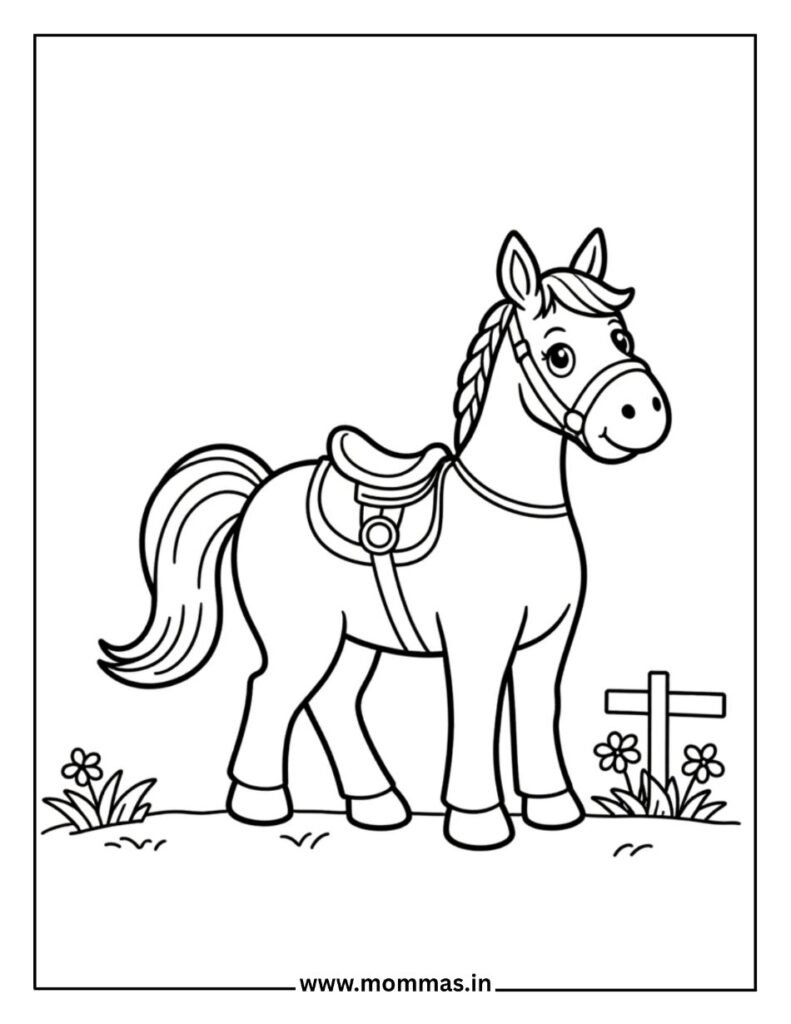 Printable horse coloring pages featuring saddled horse with bridle in flower field for equestrian themes