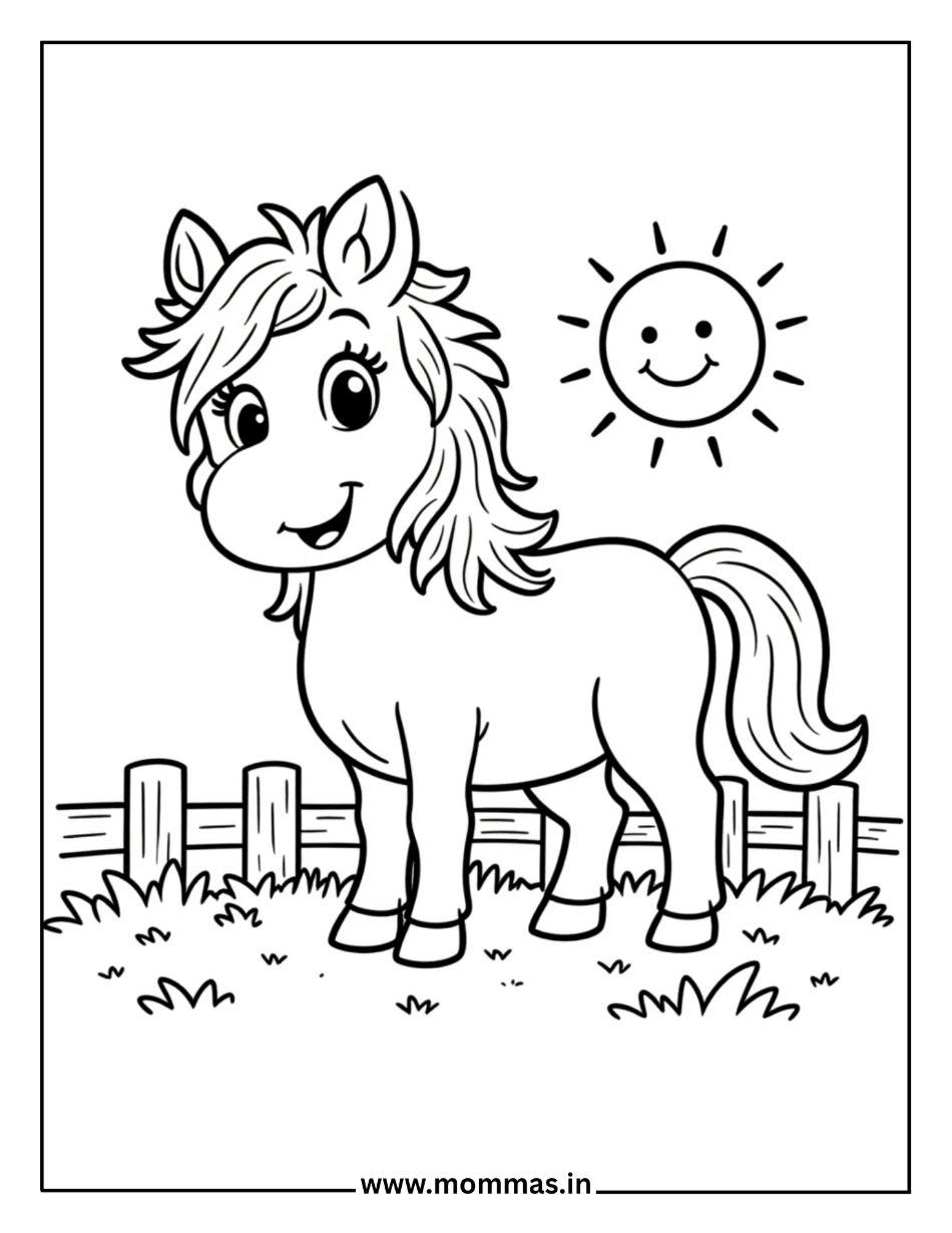 Fun horse coloring pages featuring happy pony in fenced pasture with smiling sun for sunny day themes