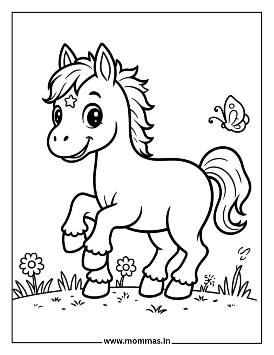 Printable horse coloring pages featuring cute unicorn with star, flowers and butterfly for magical fantasy fun