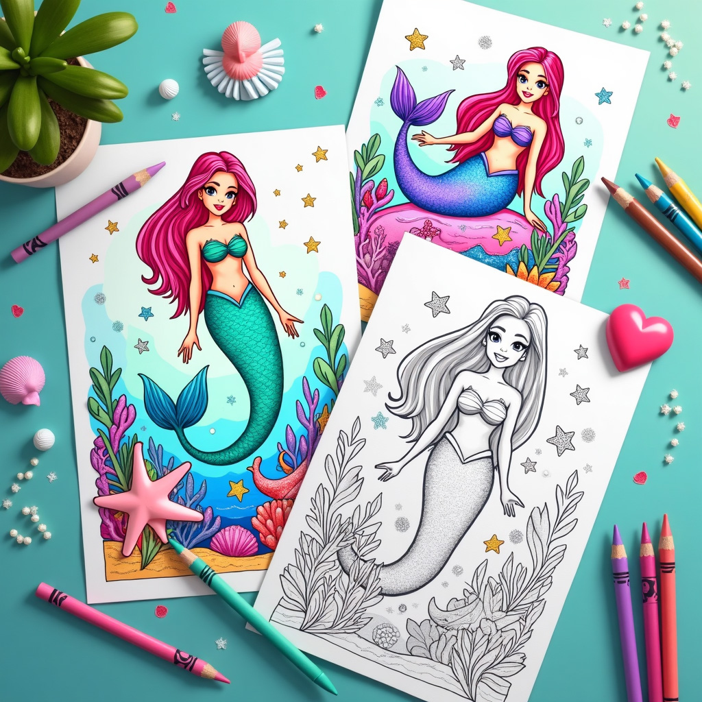 Mermaid coloring sheet with hidden marine biology puzzles in coral patterns