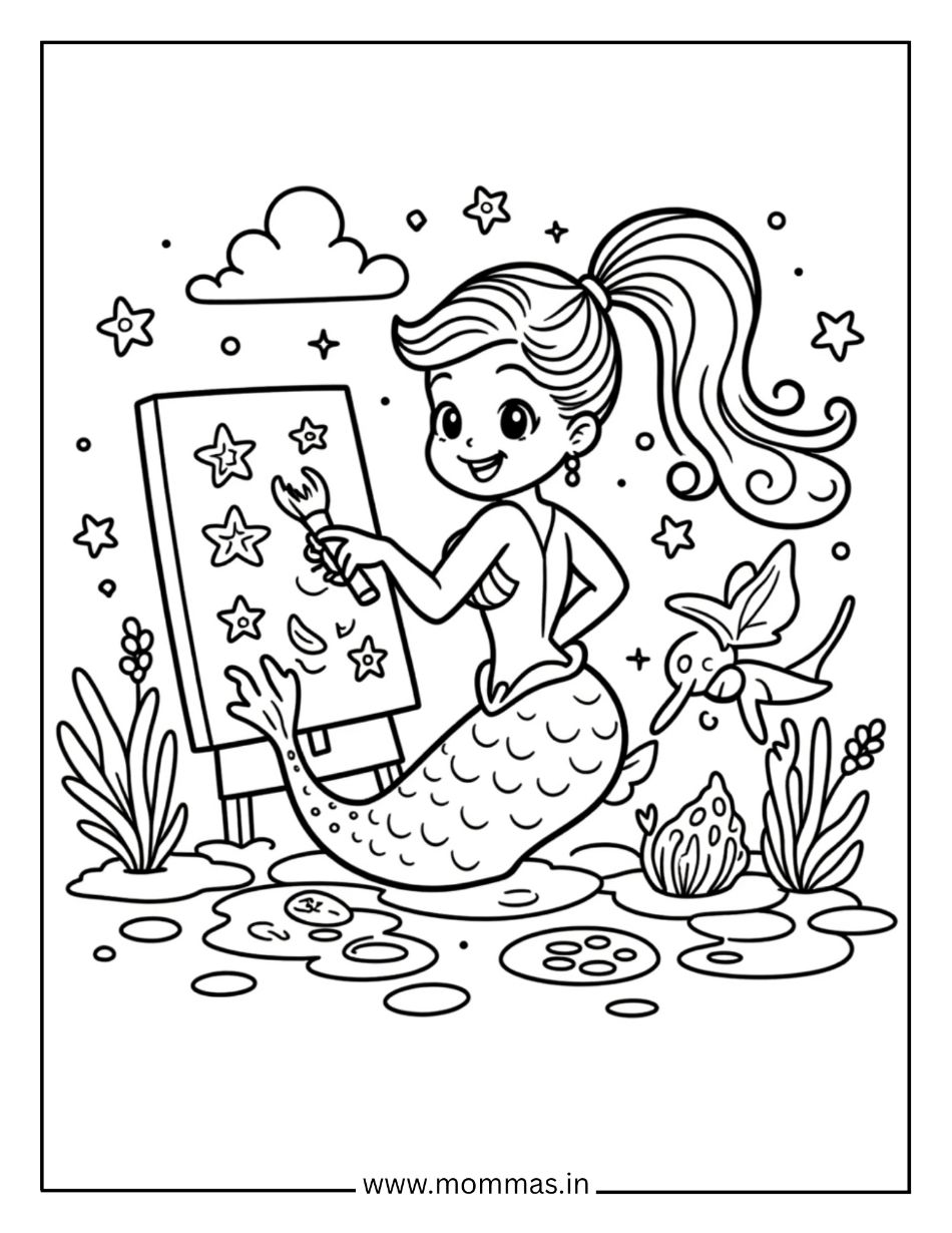 Creative mermaid coloring pages featuring artistic mermaid painting stars on easel with clouds for art education themes