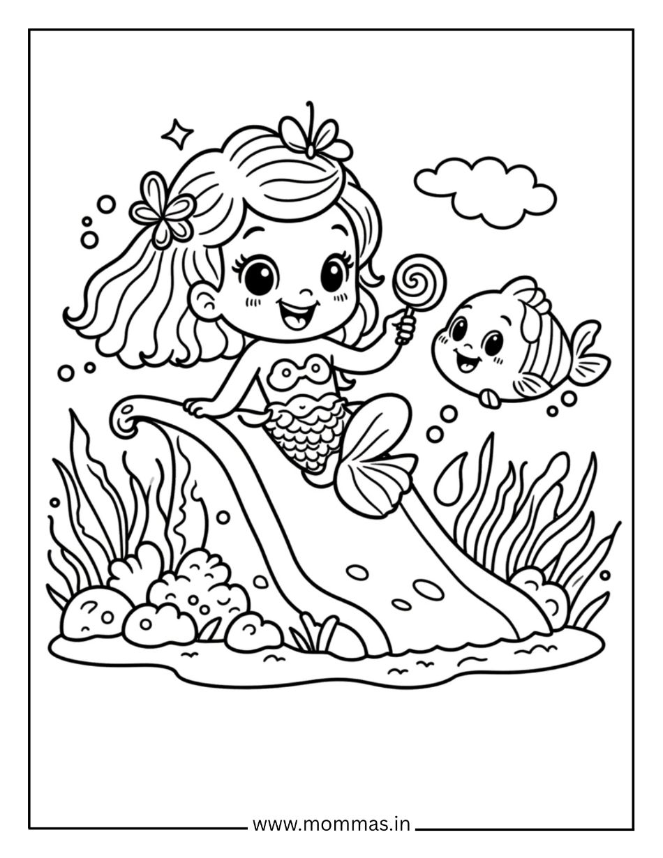 Sweet mermaid coloring pages featuring mermaid with candy treat and fish friend surrounded by coral for imaginative play