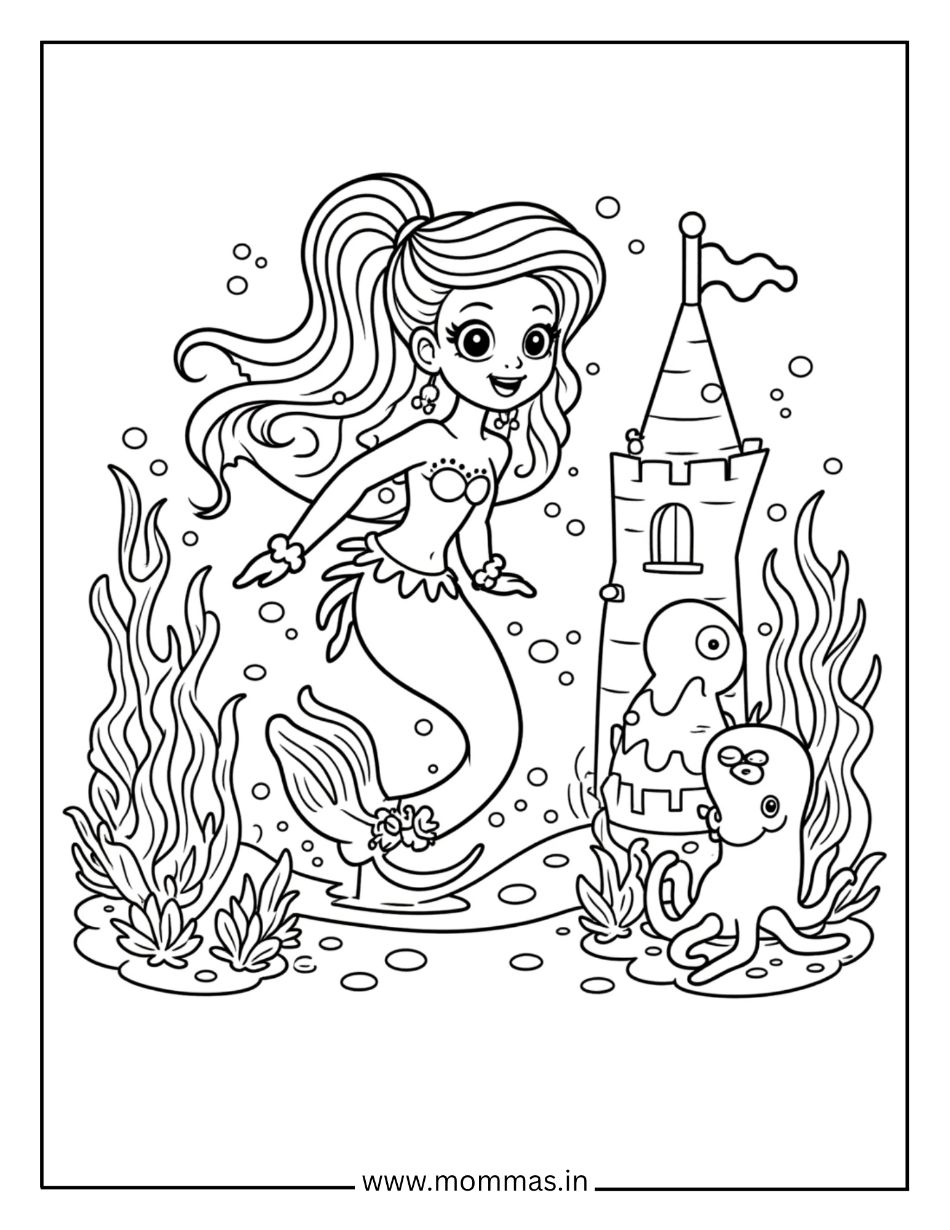 Detailed mermaid coloring pages showing mermaid at underwater castle with octopus and sea creatures for adventure themes