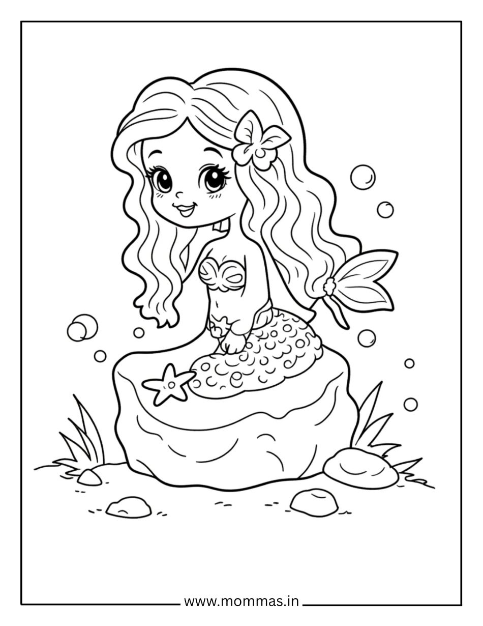 Printable mermaid coloring pages featuring cute mermaid in clamshell with starfish and underwater bubbles for ocean fun