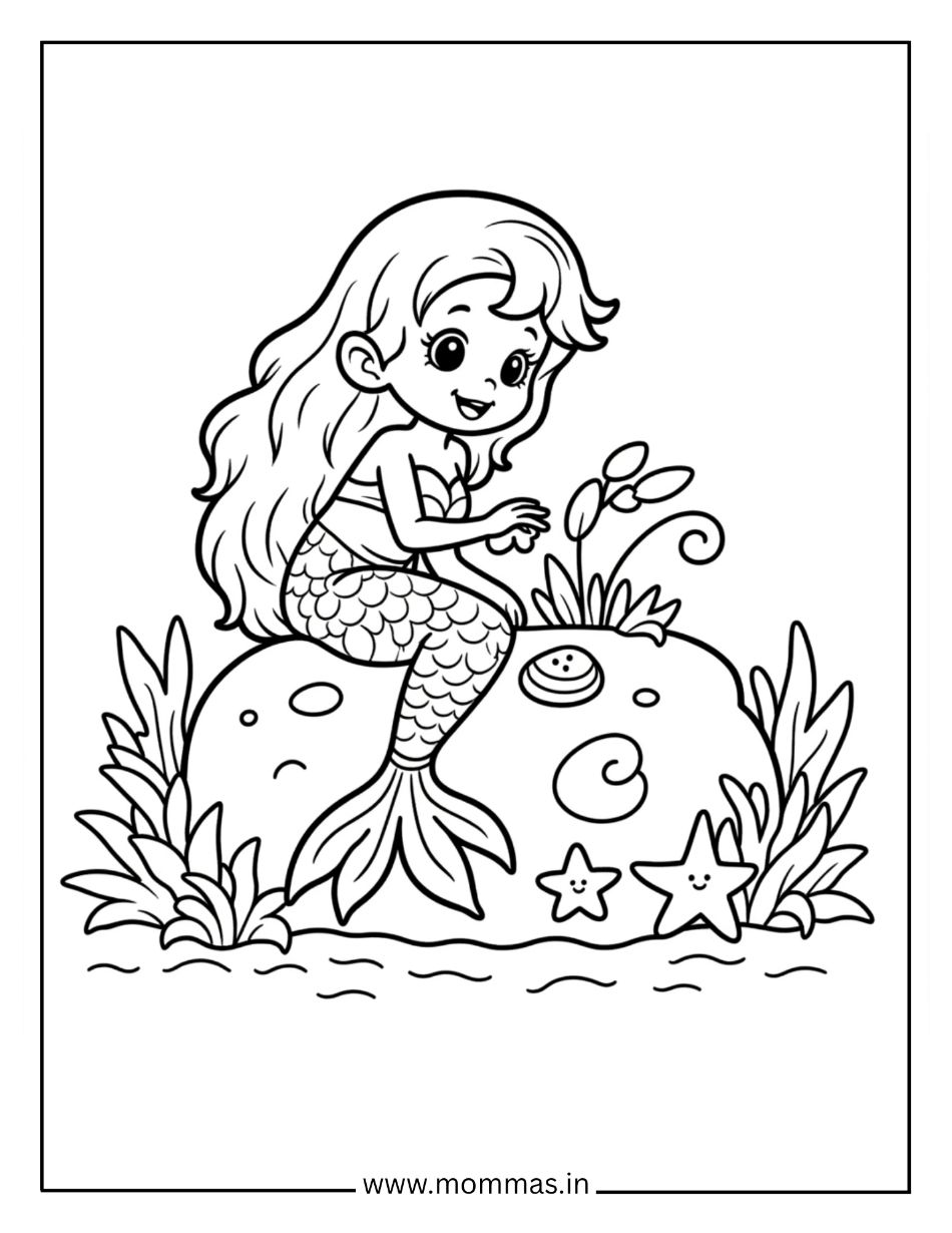 Beautiful mermaid coloring pages showing mermaid on coral with starfish and seaweed for underwater garden themes