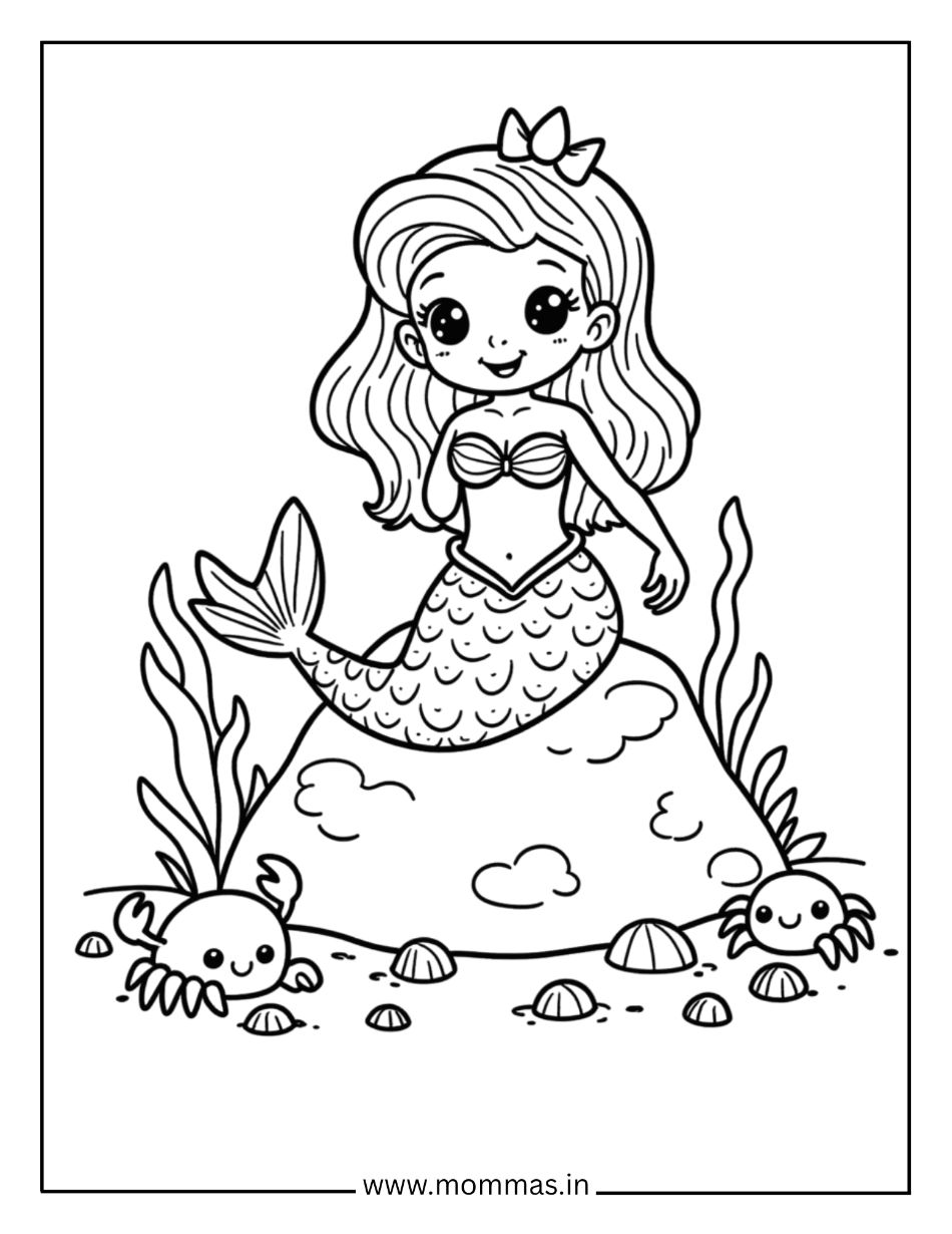 Printable mermaid coloring pages featuring mermaid on coral rock with crab friends and shells for ocean exploration