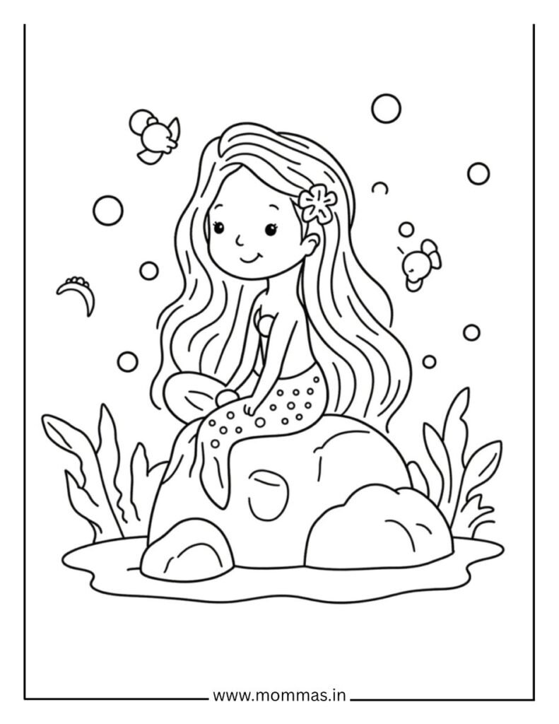 Printable mermaid coloring pages featuring mermaid with flower crown on coral rock with bubbles and fish for ocean fun