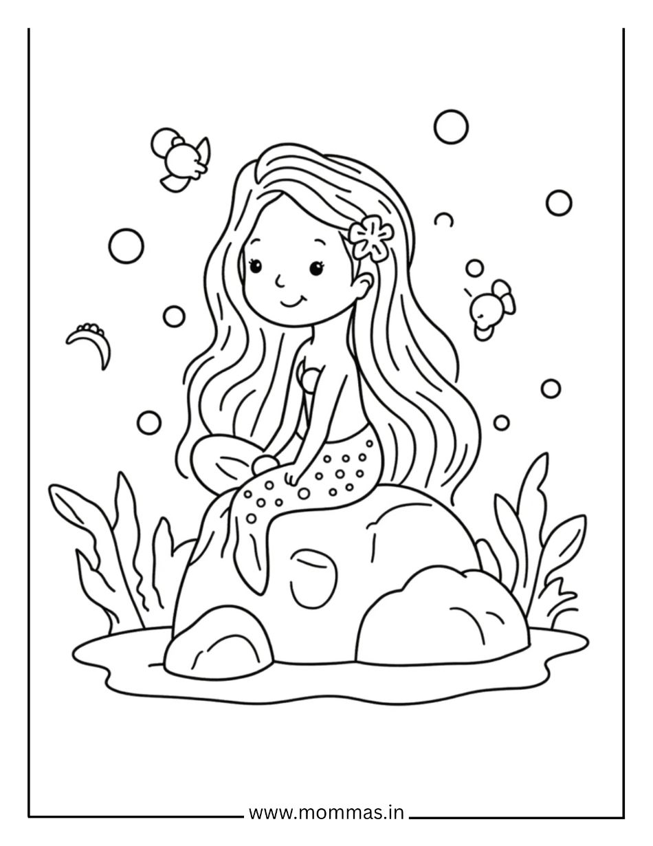 Printable mermaid coloring pages featuring mermaid with flower crown on coral rock with bubbles and fish for ocean fun