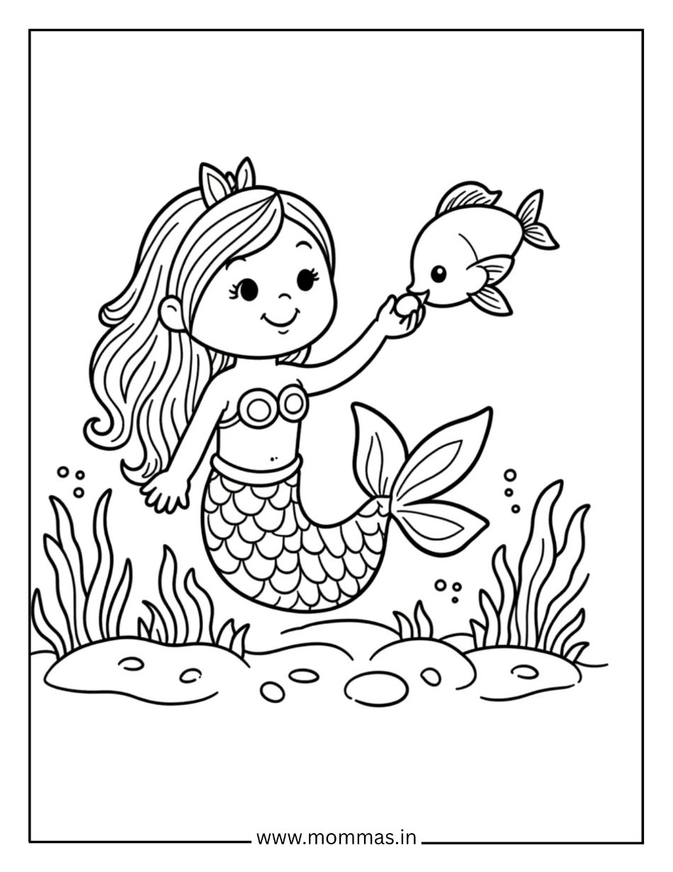 Beautiful mermaid coloring pages showing crowned mermaid with fish friend and underwater plants for royal themes