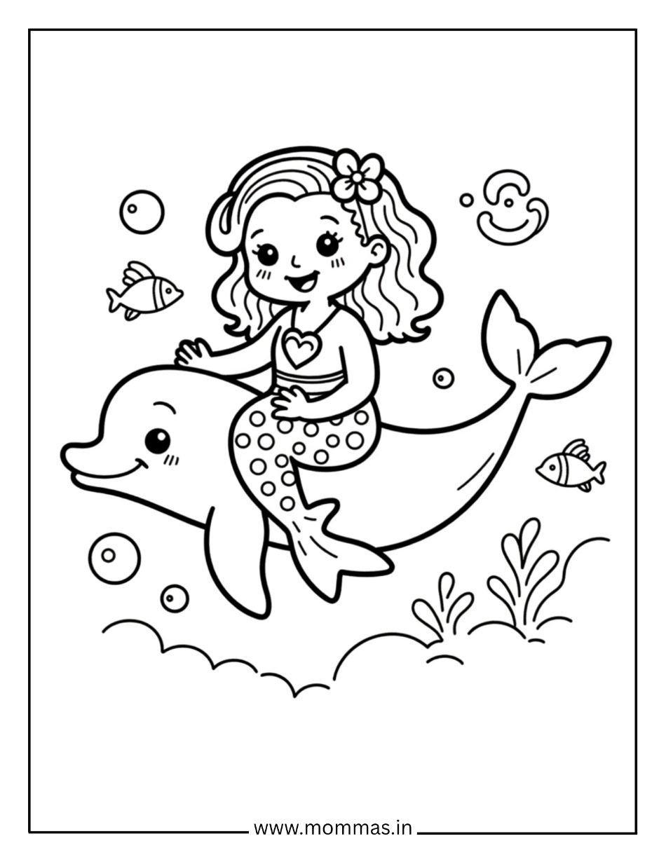 Printable mermaid coloring pages featuring mermaid with dolphin friend, fish and bubbles for ocean exploration fun