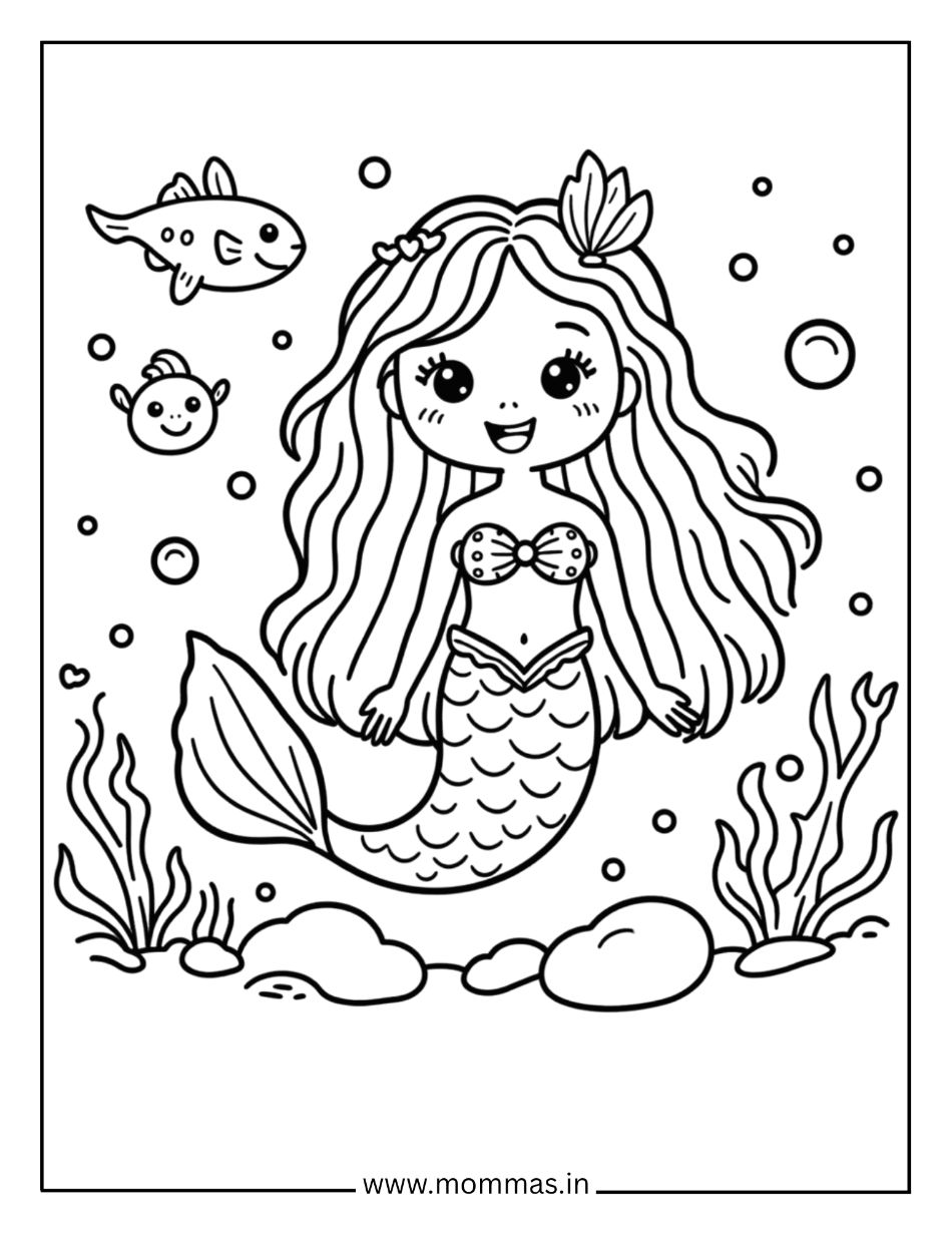 Beautiful mermaid coloring pages featuring long-haired mermaid with fish friends and seaweed in underwater scene