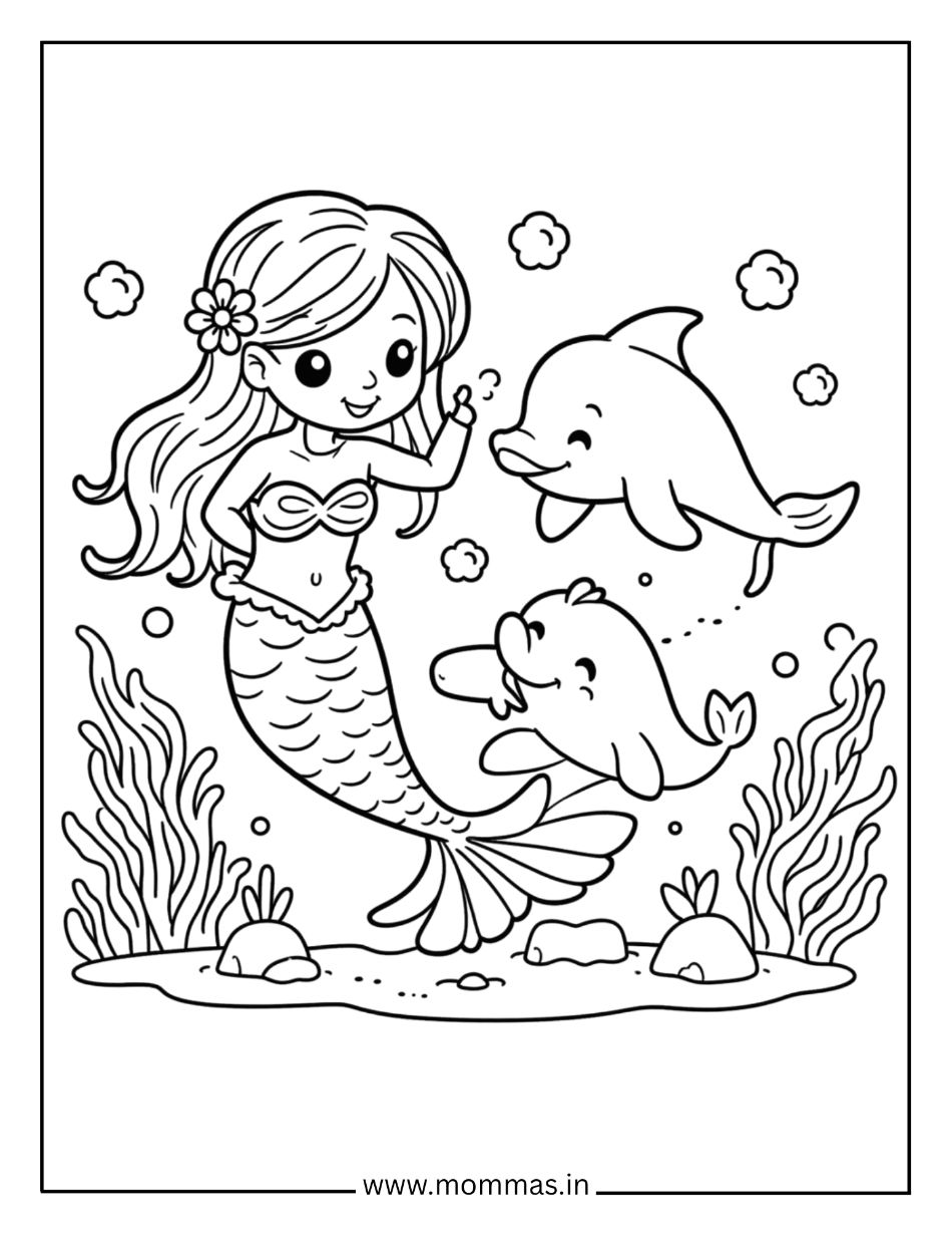 Adventure mermaid coloring pages showing mermaid with dolphin and seal friends in underwater bubble scene