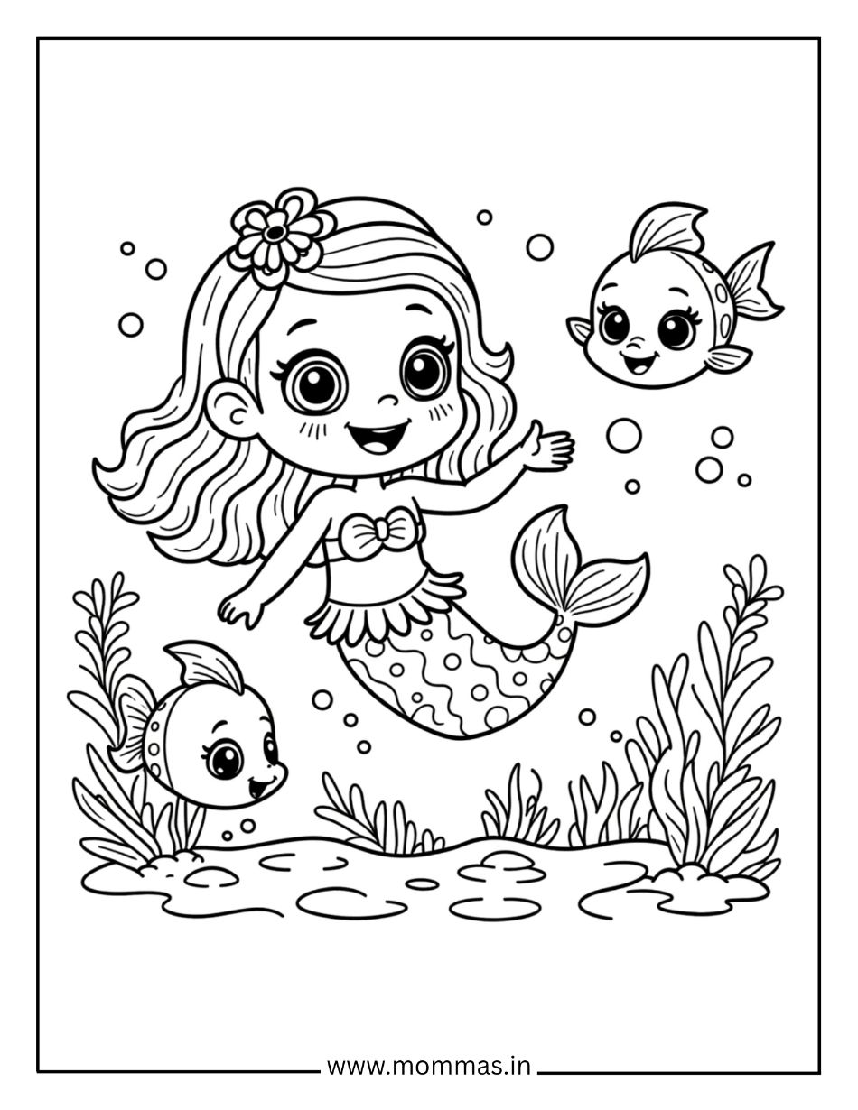 Cheerful mermaid coloring pages showing waving mermaid with fish friends and seaweed plants for ocean friendship themes