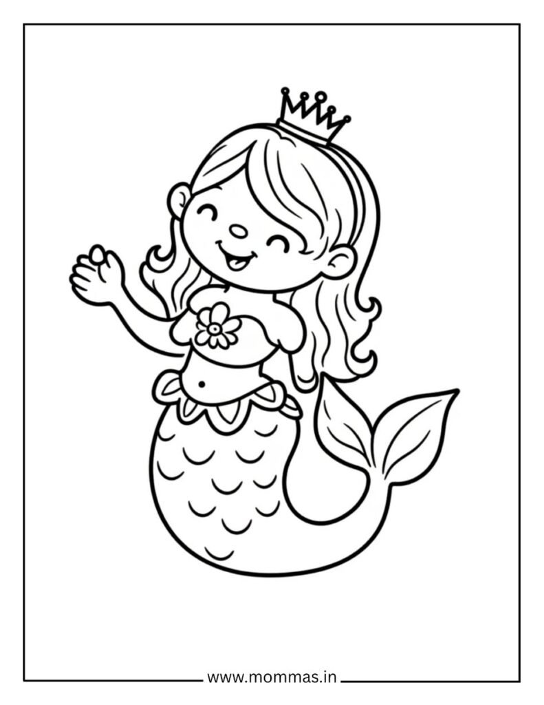 Printable mermaid coloring pages featuring princess mermaid with crown and flower decorations for royal fantasy fun