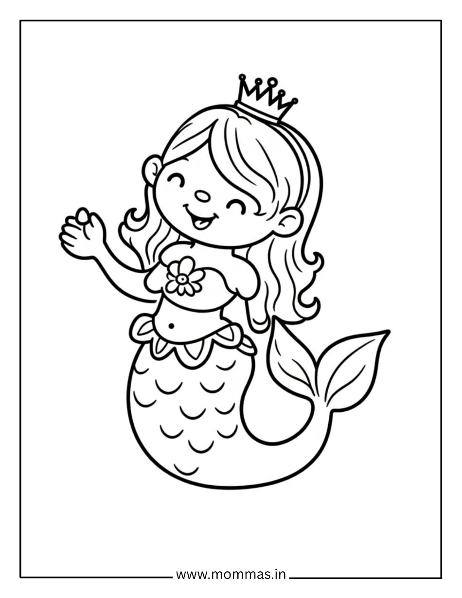 Printable mermaid coloring pages featuring princess mermaid with crown and flower decorations for royal fantasy fun